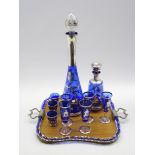 Venetian blue glass liqueur set with silvered decoration comprising 2 decanters,