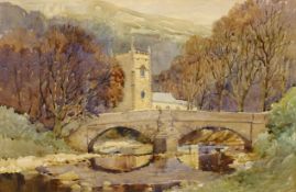 G Roweson? (British late 20th century): Bridge Near a Church,