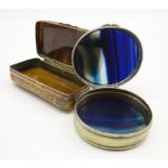 Moss agate rectangular snuff box with metal mounts 6cm x 3cm and a plated oval snuff box with blue