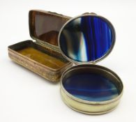 Moss agate rectangular snuff box with metal mounts 6cm x 3cm and a plated oval snuff box with blue