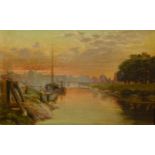 English School (19th Century): Boats Moored in a River at Sunset,