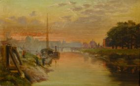 English School (19th Century): Boats Moored in a River at Sunset,