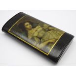 Early Victorian Stobwasser papier mache Cigar case of elliptical form painted with a portrait of a