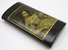 Early Victorian Stobwasser papier mache Cigar case of elliptical form painted with a portrait of a