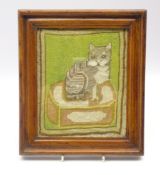 Earlu 19th Century embroidered needlework panel of a cat on a cushion,