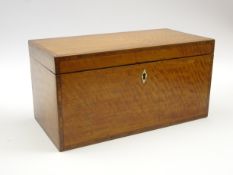 George III satinwood tea caddy of Sheraton design, crossbanded in rosewood and with ivory key plate,