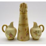 Royal Worcester ewer painted with sprays of flowers and gilded loop handle on a blush ivory ground.