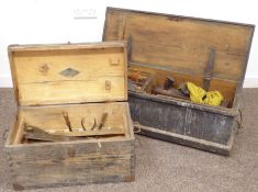 19th century pine tool chest containing joiners tools, cross saws, block plane, ax etc.