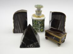 Banded agate and gilt metal box 7cm x 4cm, three polished stone pieces,