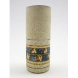 Troika pottery cylindrical vase by Annette Walters with geometric design in blue and brown on a