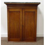 19th century and later mahogany two door panelled cupboard with green marble top, W77cm, H91cm,