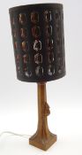 Thompson of Kilburn 'Mouseman' oak table lamp with pierced cylindrical shade and carved mouse