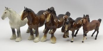 Two Beswick shire mares in brown and grey gloss No. 818, brown cantering shire No.