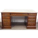 Late Victorian twin pedestal mahogany desk, moulded top with inset leather writing surface,