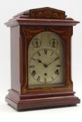 Edwardian inlaid mahogany cased mantel clock, silvered Roman dial engraved with scrolled foliage,