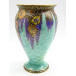 Fieldings Crown Devon 'Mattajade' vase with stylised flowers and foliage on a turquoise ground
