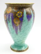 Fieldings Crown Devon 'Mattajade' vase with stylised flowers and foliage on a turquoise ground