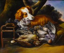 Brian Priest (British Contemporary): Spaniel with Dead Game, oil on canvas unsigned,