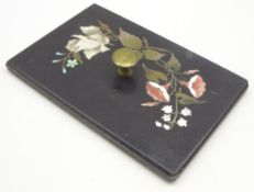 Florentine pietra dura rectangular paperweight inset with flowers and leaves and with metal handle