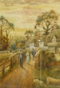 Frederick Adcock (British 20th century): Figures in a Cotswolds Village,
