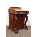 Victorian walnut and mahogany davenport, raised hinged back revealing fitted interior,