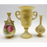 Late Victorian Graingers Worcester 2 handled vase painted with a lake landscape with flowers to the