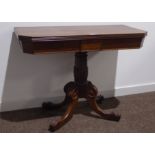 Regency mahogany fold over tea table, reeded moulded fold over revolving top, turned pedestal,