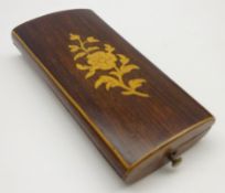 Small early 20th Century inlaid rosewood sewing case fitted with thimble, needle case,