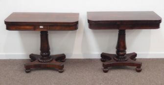 Two George IV rosewood card tables, hinged revolving top enclosing baize lined surface,