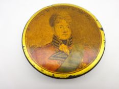 Early 19th Century papier mache circular snuff box,