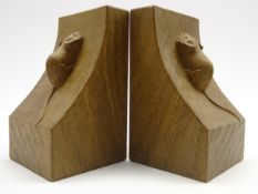 Pair of Thompson of Kilburn 'Mouseman' adzed oak bookends with carved mouse signature H15cm