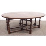 17th century style oak drop leaf coffee table, planked oval top over turned supports,