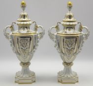 Pair 20th century Classical porcelain 2 handled vases with covers on pedestal foot H52cm