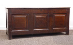 18th century oak blanket box, moulded top above, three fielded panel front, stile supports, W136cm,