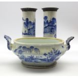 Chinese export oval tureen decorated in blue and white with vases,
