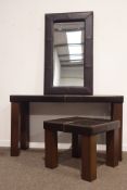 Leather top console table on square walnut supports, (141cm x 46cm,