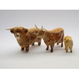 Beswick model of a Highland Bull No. 2008, Highland Cow No. 1740 and a Highland Calf No.