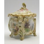 Berlin KPM jar and cover in the form of a bough pot and cover painted with a cottage and figure in