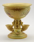 Royal Worcester centrepiece with a moulded bowl raised on a single knop stem issuing from 3