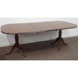 Twin pedestal burr walnut dining table, moulded rectangular top with two D shape end sections,