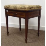 Edwardian mahogany inlaid stool window seat, upholstered top, single drawers,