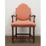Early 20th century William and Mary style beech framed arm chair, pink upholstered back and seat,