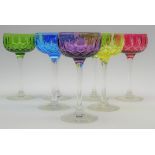 Set of 7 Harlequin Hock glasses by John Walsh Walsh with colour cased mitre cut bowls and slender