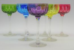 Set of 7 Harlequin Hock glasses by John Walsh Walsh with colour cased mitre cut bowls and slender
