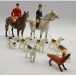 Beswick pottery 9 piece hunting group comprising Huntswoman on grey horse No.