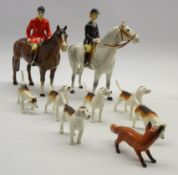 Beswick pottery 9 piece hunting group comprising Huntswoman on grey horse No.