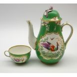 Samson of Paris chocolate pot and cover decorated with panels of birds and flowers on a green