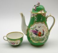 Samson of Paris chocolate pot and cover decorated with panels of birds and flowers on a green