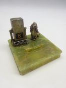 Onyx ashtray with cold painted bronze Spaniel and perpetual calendar 11cm square
