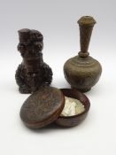 Japanese carved circular box and cover, carved wooden figure,